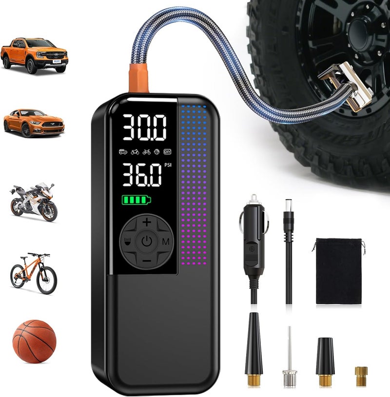 WEOLULI Tire Inflator Portable Air Compressor, 150 PSI Cordless Air Pump, Dual Power 6000mAh, 12V DC Car Plug, Fast Inflation 24L/Min, Auto Shut-Off, LED Light, 4 Preset Modes for Car, Bike, Motorcycle, Balls - Image 1